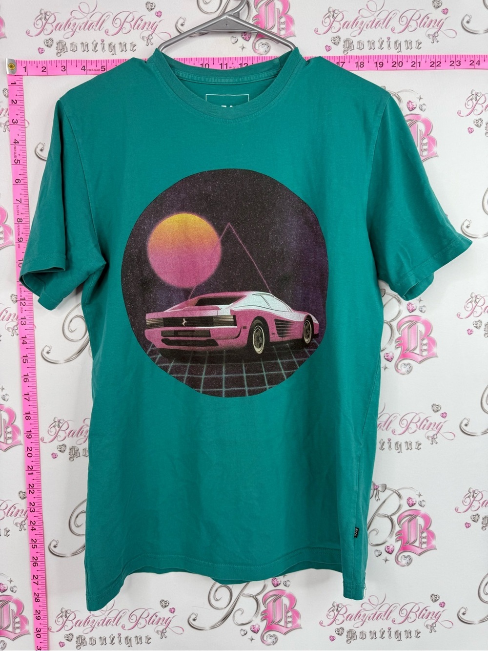 DJAB tshirt sunset car tee Retro Teal Graphic Tee with Pink Sports Car